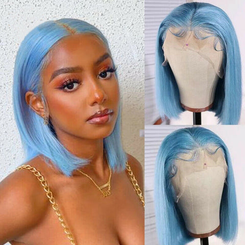 Blue Bob Lace Front Human Hair Wigs 13X5x1 T Part Lace Wig Baby Hair Pre Plucked