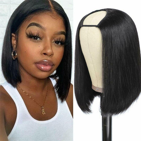 U Part Wig Human Hair Straight Bob Wigs For Black Women 12 inch Brazilian Remy