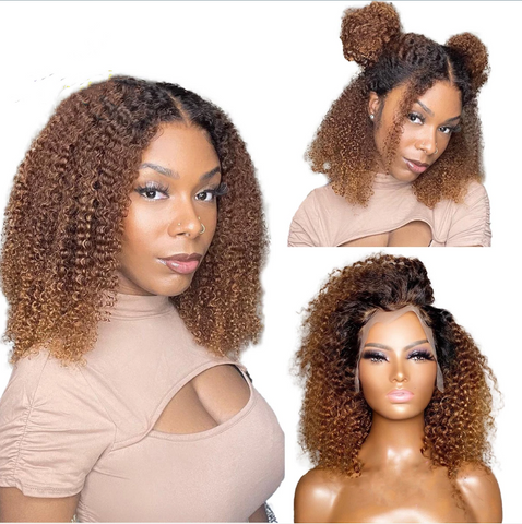 Short Pixie Bob 13x4 T Part Lace Front Wigs Ombre Brown Curly Human Hair Wig