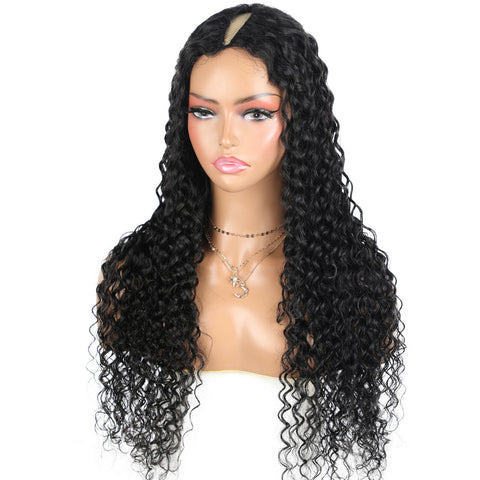 Long V Part Human Hair Wig Deep Water Wave Black Wigs Non Lace Daily Heat Soft