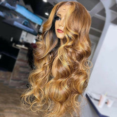 Honey Blonde Body Wave T Part Lace Front Wig Pre-Plucked Highlight Human Hair