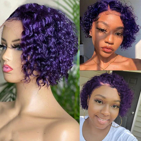 Purple Pixie Cut Wig Human Hair Wig Preplucked Bob 13x4x1 T part Lace Front Wigs