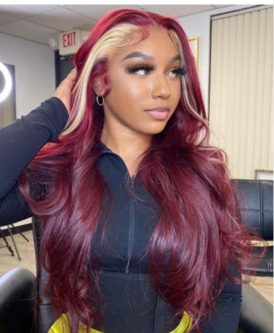 22 Inches 13x4 T Part Lace Front Human Hair Wigs Wavy Burgundy Ombre Blonde Highlight Wig