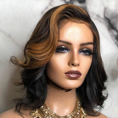 Short Loose Wave Curly End Highlight Brown Human Hair Wigs T part Lace Front Wigs