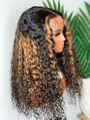 Long Lace Front Human Hair Wigs Afro kinky Curly Black Mix Brown Highlight Wig