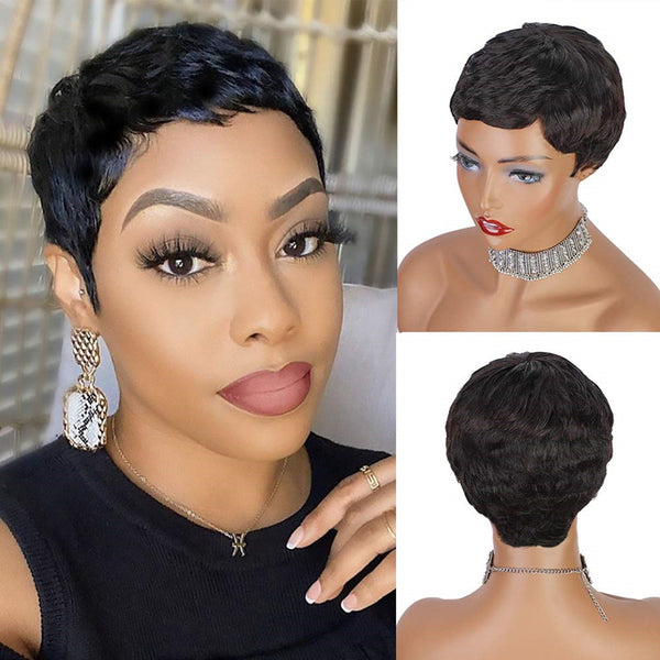 Women Pixie Human Hair Wigs Short Wave Black Pixie Wig None Lace Natur –  ATOZWIG