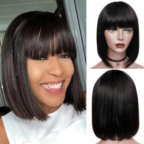 Short Bob Black Wig with Bangs Straight Human Hair Wigs No Lace Glueless Natural