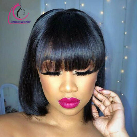 Straight Bob Wig with Bangs Brazilian Human Hair Wigs for Black Women -None Lace