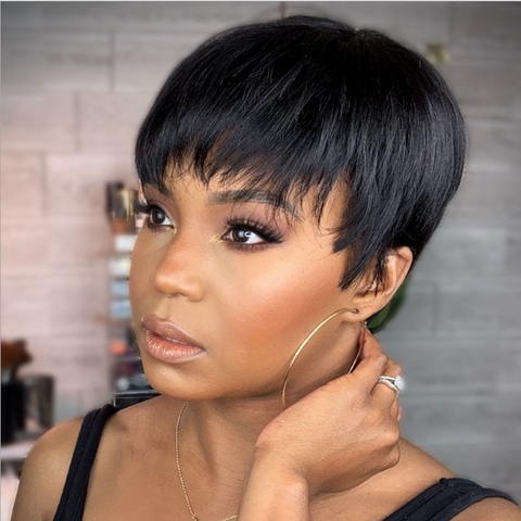 Short Pixie Cut Human Hair Wig with bang None Lace Natural Soft Hair