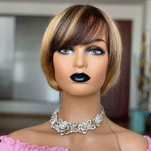 Details about  Brazilian short human hair bob wig for women none lace wig heat safe brown blond