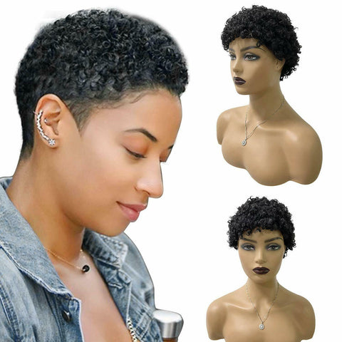 Details about  African American Real Human Hair Wigs Black Short Pixie Cut Wigs Curly for Women