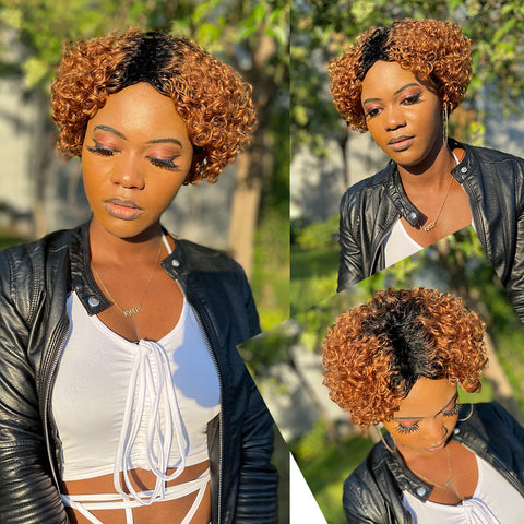 Curly Wigs Short Pixie Cut Human Hair Wig 1B-Brown For Women Brazilian Remy Hair Glueless Side Part Human Wigs