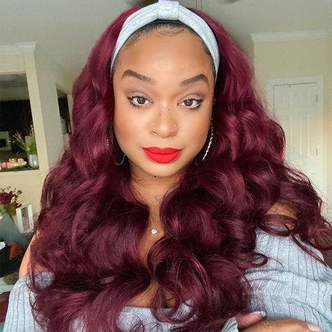 14'' Headband Wig Human Hair Body Wave 99J Burgundy Red Wigs Glueless None Lace