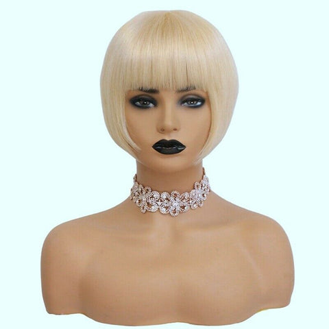 Womens 613 Blonde 100% Remy Human Hair Wigs Short Bob Wig with Bang Machine Made