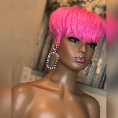 Hot Pink Pixie Cut Human Hair Wigs Full Bang 100% Brazilian Hair for Black Women