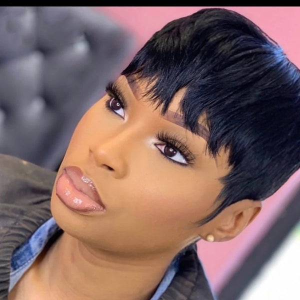 Short Pixie Cut Wigs Black Straight Human Hair Wig No Lace Full