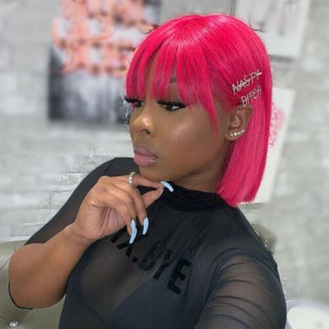 Pink Short Bob Wigs Sexy Straight Brazilian Human Hair Wig with Bangs None Lace