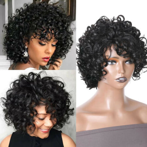 Pixie Cut Loose Curly Wig Peruvian Hair Bouncy Waves Wigs Fluffy Curls No Lace