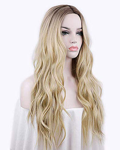 Long Wavy Wig Dark Roots Ombre Blonde Wig Middle Parting Synthetic Replacement Wig 24inch