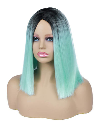 Ombre Wigs Mint Green Short Straight Synthetic Wigs Dark Roots Middle Part Heat Resistant Cosplay Party Full Wigs for Women