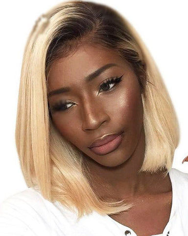 Remy Human Hair Straight Short Bob 13x4 Lace Front Wigs Ombre T1B/613 Color