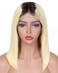 Remy Human Hair Straight Short Bob 13x4 Lace Front Wigs Ombre T1B/613 Color