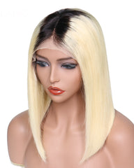 Remy Human Hair Straight Short Bob 13x4 Lace Front Wigs Ombre T1B/613 Color