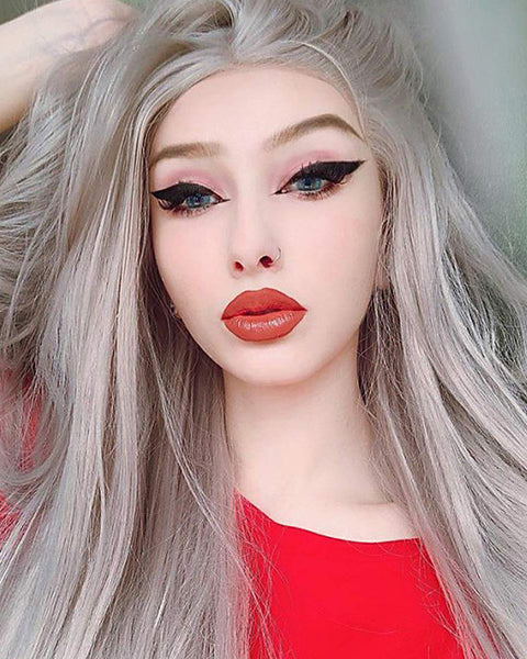 Long Natural Wavy Middle Part Synthetic Replacement Hair Grey Wigs Silver Platinum Blonde Lace Front Wig Heat Resistant Hair 24inch