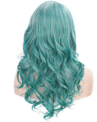Long Big Wavy Wig with Bangs Mix Color Custom Cosplay Halloween Party Wigs Synthetic Heat Resistant Hair (LakeBlue Mixed Color, 20 Inches)