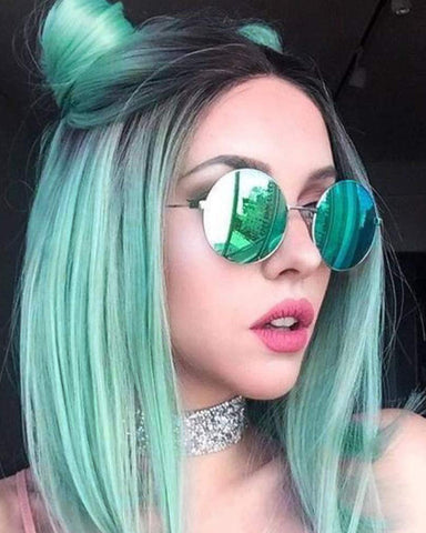 Ombre Wigs Mint Green Short Straight Synthetic Wigs Dark Roots Middle Part Heat Resistant Cosplay Party Full Wigs for Women