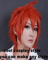 Women Men Short Cosplay Wigs Fluffy Layered Straight Orange Anime Party Costume Synthetic Full Hair Wig Oblique Bangs