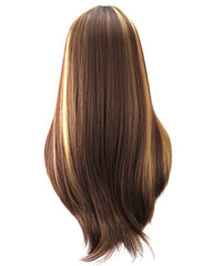 Brown with Highlights Yaki Synthetic Women's Wig With Hair Bangs Centre Parting Long Straight Layered Heat Resistant Synthetic Hair Wig for Women