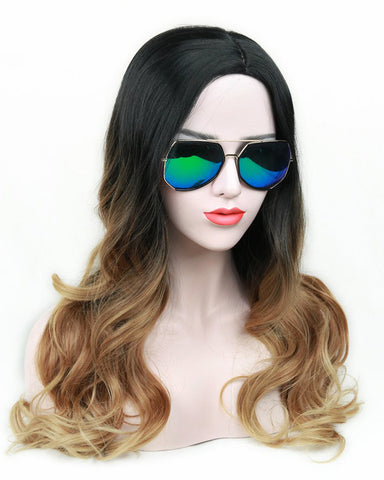 Ombre Wig Black to Light Brown Long Wavy Wig Heat Resistant Synthetic Wig for Women