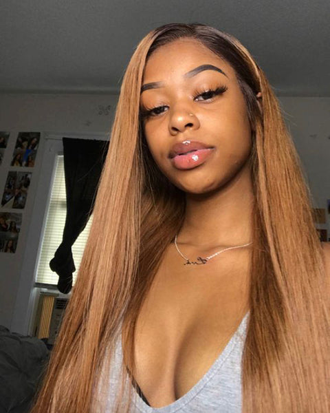 Ombre Remy Human Hair Straight 13x6 Lace Frontal Wig 8-24inch 1B/27 Color