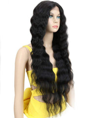 Long Wavy Synthetic Wigs For Black Women 130% Density Wigs Lace Front Wigs 30inch Black Color