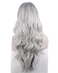 Silver Grey Costume Wigs for Women Halloween Curly Long Wavy Fashion Cosplay Ombre Black Mix Gray Hair Wigs with Wig Cap
