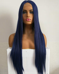 Dark Blue Lace Front Wigs for Women Glueless Long Straight Synthetic Wig with Baby Hair Middle Parting Heat Resistant 24 inches
