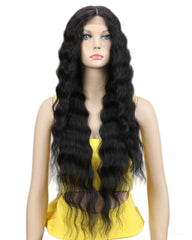 Long Wavy Synthetic Wigs For Black Women 130% Density Wigs Lace Front Wigs 30inch Black Color