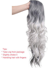 Silver Grey Costume Wigs for Women Halloween Curly Long Wavy Fashion Cosplay Ombre Black Mix Gray Hair Wigs with Wig Cap