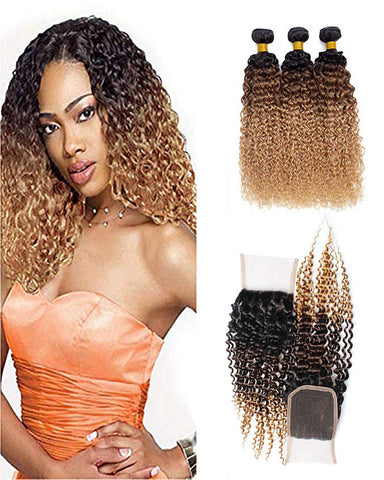 Remy Brazilian Ombre Human Hair 3 Bundles Weaves with 4x4 Lace Closure Curly Wave Hair 1B/27 Color