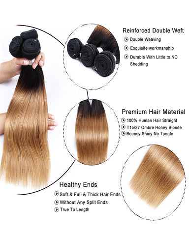 Remy Brazilian Ombre Human Hair 3 Bundles Weaves with 13x4 Lace Frontal Straight Hair 1B/27 Color