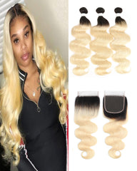 Remy Brazilian Ombre Human Hair Bundles Weaves with 4x4 Lace Closure Body Wave Hair 1B/613 Color