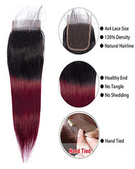 Remy Brazilian Human Hair Bundles Weaves with 4x4 Lace Closure Straight Hair 1B/99J Color