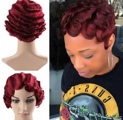 Retro Pixie Cut Finger Wave Wig Human Hair Wig Wine Red for Elegant Women Party