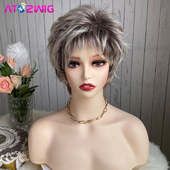 Pixie Cut Wig for Black White Women Dark Root Ombre Brown Blonde Short Hair Synthetic Fluffy Capless Wigs Perruque