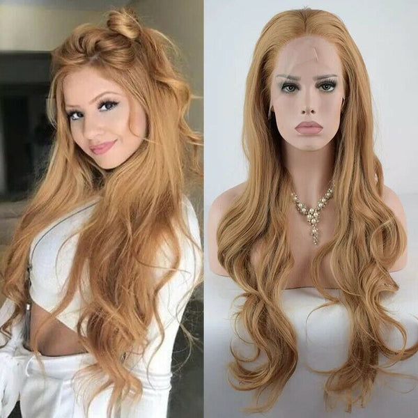 Fashion Gold Brown Lace Front Wig Synthetic Glueless Natural Wave Heat Resistant