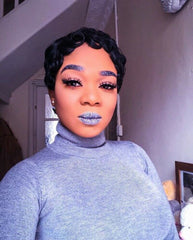 Real Peruvian Human Hair Pre-Plucked Short Pixie Cut Afro Wavy Curly Wig No-Lace