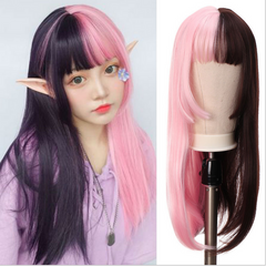 Long Synthetic Half Black Pink Straight Wig With Bang Cosplay Party Full Wigs