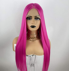Pink Synthetic Lace Front Wigs Long Straight Rose Red Wig For Women Cosplay