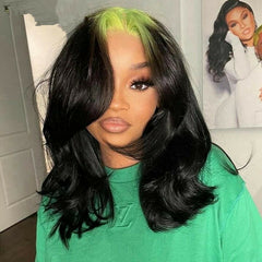 Short Green Roots Virgin Body Wave Lace Front Wig Synthentic Ombre Colored